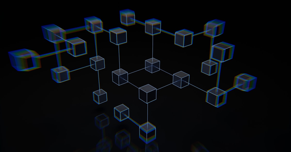 Abstract 3D illustration of connected blocks arranged on a dark background